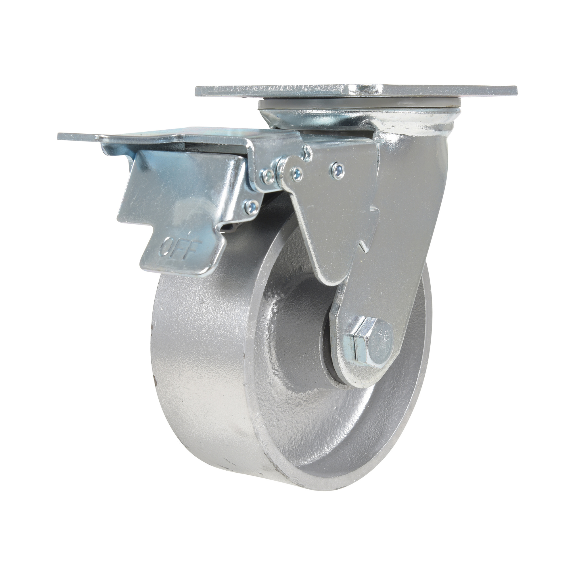 Vestil Cast Iron Swivel Caster with Total Brake - 5in. x 2in. Wheel, Abrasion Resistant, Zinc Plated, Model# CST-VE-5X2CI-SWTB